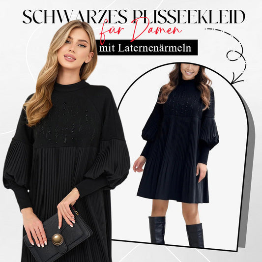 Elegantes Schwarzes Plisseekleid für Damen mit Laternenärmeln