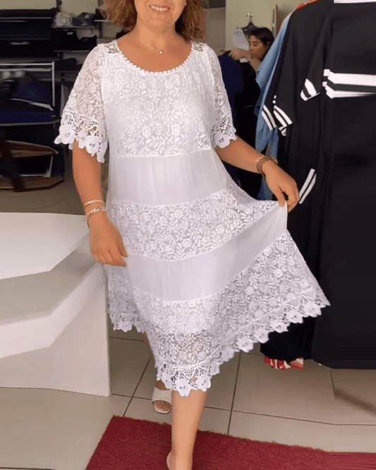 💥Letzter Tag Verkauf 60%💥Einfarbiges Kleid mit kurzen Ärmeln und Spitze