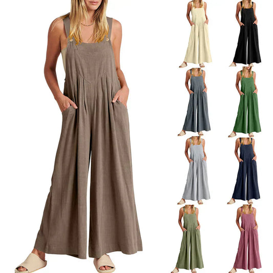 Ärmelloser Jumpsuit für Damen mit weitem Bein und Taschen