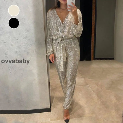 🌟💄Glitzernde Damen Jumpsuits mit V-Ausschnitt und Gürtel