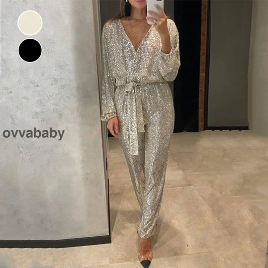 🌟💄Glitzernde Damen Jumpsuits mit V-Ausschnitt und Gürtel