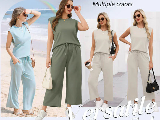 🌺2025 Neue Frauen Casual Cap Sleeve Top Wide Leg Crop Pants Zweiteilige Sets🌺