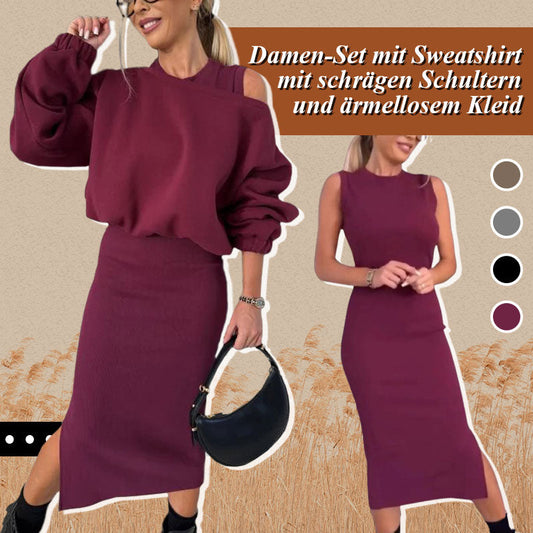 Damen-Set mit Sweatshirt mit schrägen Schultern und ärmellosem Kleid