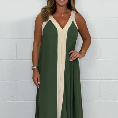 Ä&lt;&lt;&lt;t35&gt;23&gt;1&gt;melloses  Maxikleid  mit V-Ausschnitt und  Farbblock  für  Damen