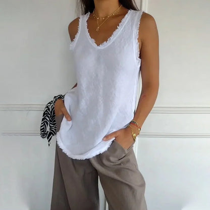 Ä&lt;t1&gt;melloses  T-Shirt aus  Leinen  und  Baumwolle  für  Damen
