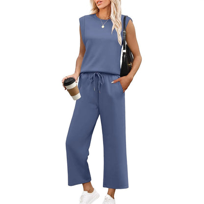 🌺2025 Neue Frauen Casual Cap Sleeve Top Wide Leg Crop Pants Zweiteilige Sets🌺