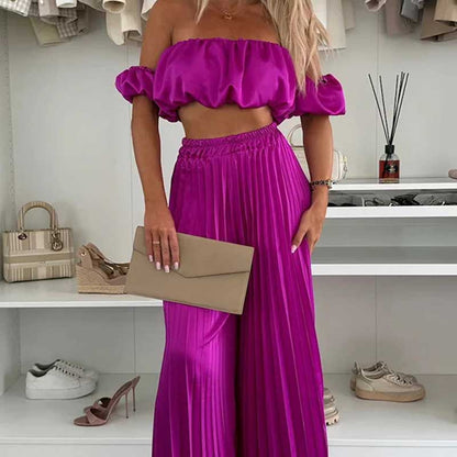 🔥2025 Hot Sale🔥Sexy, einfarbiges Oberteil und Hose mit weitem Bein für Damen, zweiteiliges Set