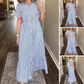 &lt;&lt;t10&gt;0&gt;lue &amp; White  Striped  Ruffled  Tie  Dress