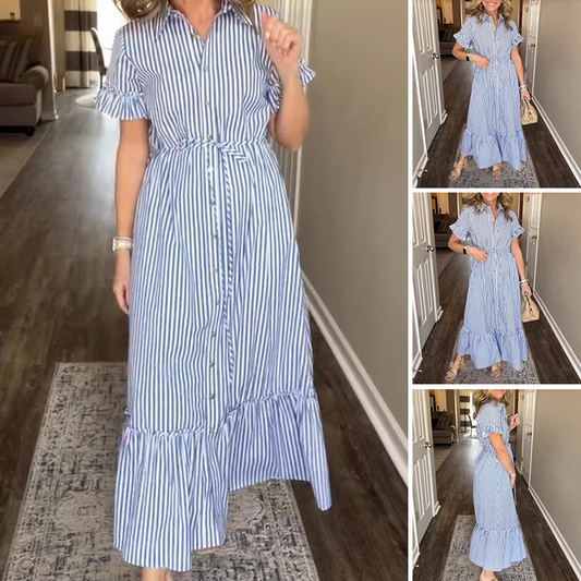 &lt;&lt;t10&gt;0&gt;lue &amp; White  Striped  Ruffled  Tie  Dress