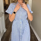 &lt;&lt;t10&gt;0&gt;lue &amp; White  Striped  Ruffled  Tie  Dress