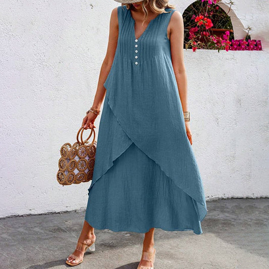 Lässiges ärmelloses Damen-Maxikleid mit Rundhalsausschnitt mit Schlitz