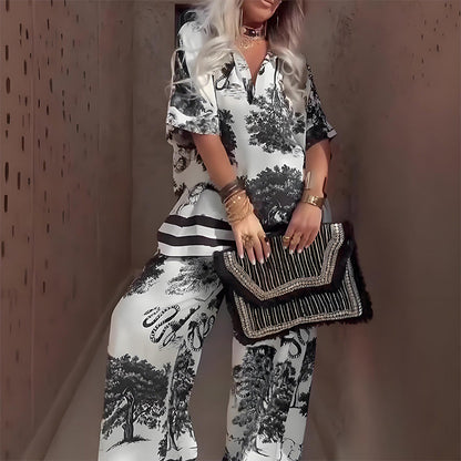 Damen-Set mit Print: Top mit V-Ausschnitt & lange Hose