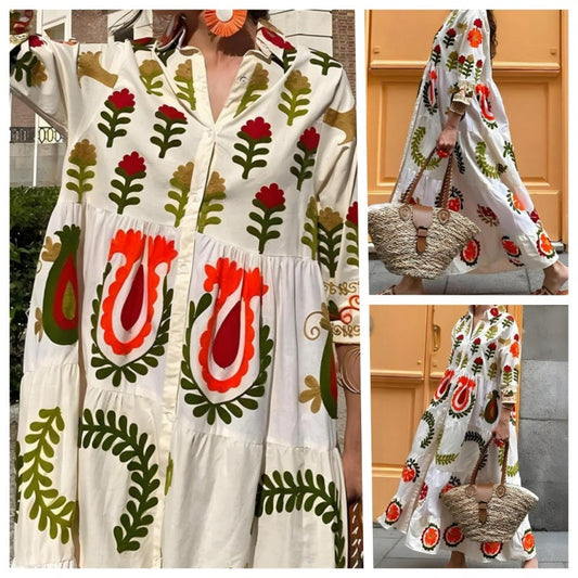 Bedrucktes Maxikleid mit Hemdkragen und Knopfleiste