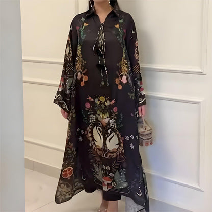 Bedrucktes, lockeres, langärmliges Maxikleid mit V-Ausschnitt für Damen
