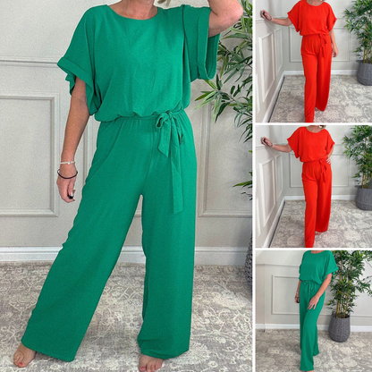 Damen-Jumpsuit mit lockerem Schnitt, kurzen Ärmeln, Gürtel und weitem Bein