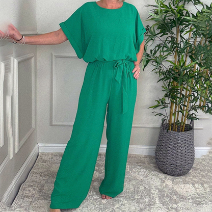 Damen-Jumpsuit mit lockerem Schnitt, kurzen Ärmeln, Gürtel und weitem Bein