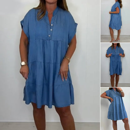 Damen lässiges einfarbiges Kurzkleid mit Knopfleiste