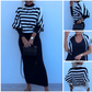 Zweiteiler: gestreiftes Langarm-Stricktop und figurbetontes Kleid