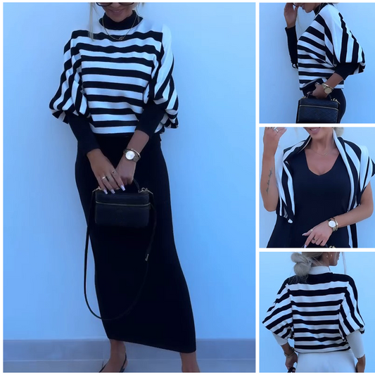 Zweiteiler: gestreiftes Langarm-Stricktop und figurbetontes Kleid