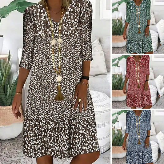 Modisches Damenkleid mit Print, V-Ausschnitt und halblangen Ärmeln