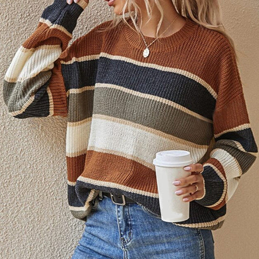 Locker gestreifter Pullover für Damen mit langen Ärmeln