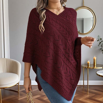 Einfarbiger, lockerer Strickpullover mit V-Ausschnitt für Damen