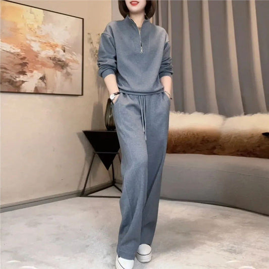 Damen-Set: Kurzes Sweatshirt mit Stehkragen und Weitbeinhose