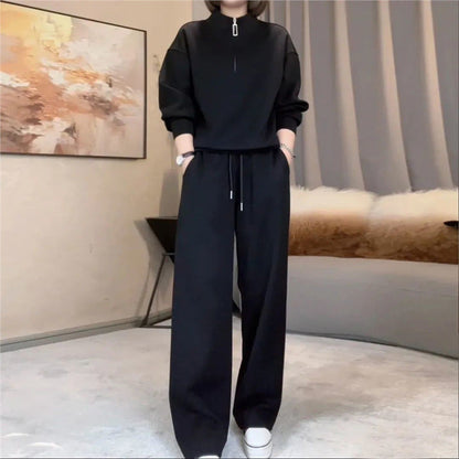 Damen-Set: Kurzes Sweatshirt mit Stehkragen und Weitbeinhose