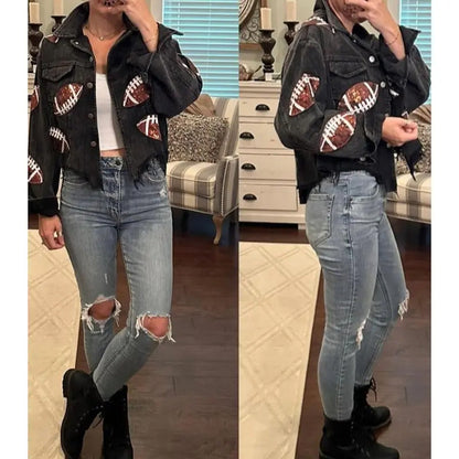 Cordjacke für Damen mit Fußball-Pailletten-Aufnäher