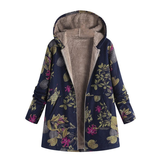 Damenjacke mit Kapuze und Kunstfellfutter und Blattprint