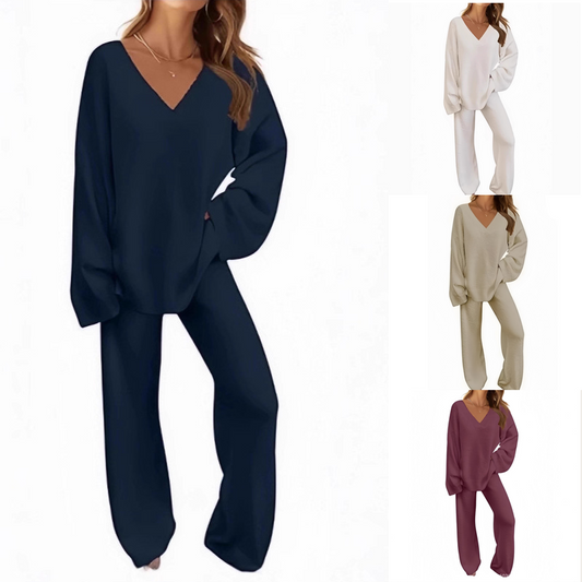 Damen-Zweiteiler: Langarm-Pullover mit V-Ausschnitt & Hose