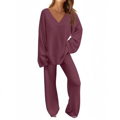 Damen-Zweiteiler: Langarm-Pullover mit V-Ausschnitt & Hose