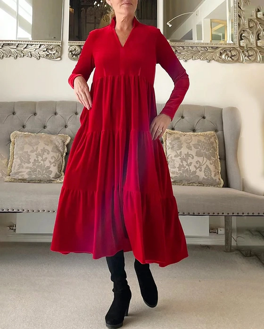 Einfarbiges, plissiertes Midi-Swing-Kleid