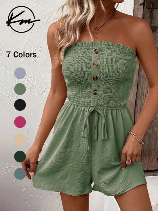 Trägerloser Jumpsuit für Damen mit Rüschenbesatz, Raffung, Bindeband vorne und weitem Bein